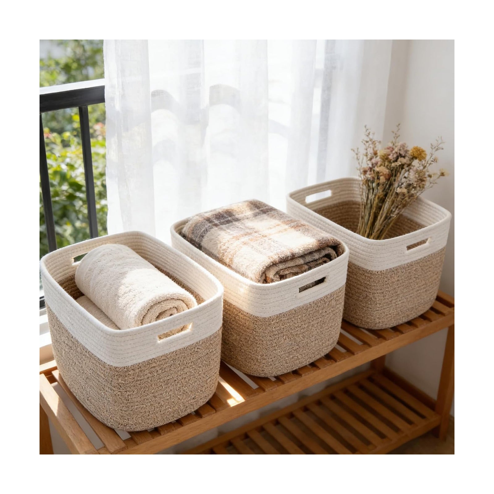 Woven Rope Storage Baskets / 3pc-white&brown / 13.5 x 11 x 9.5 / Set of 3