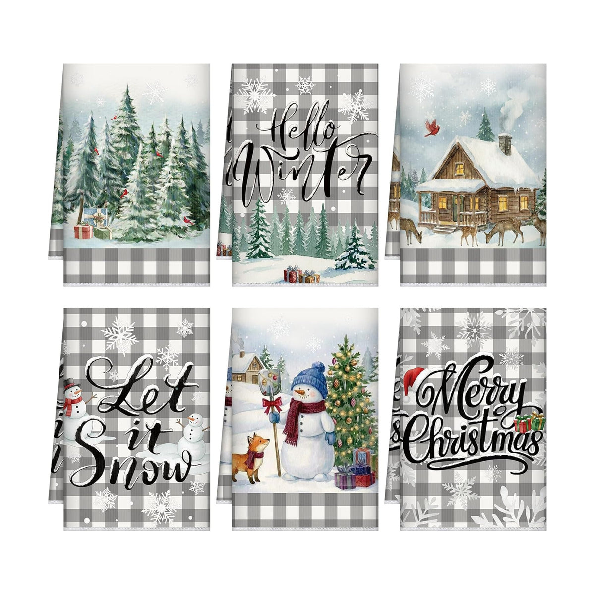 Bencailor 6 Pcs Christmas Kitchen Towel, Grey Plaid, Pine Forest