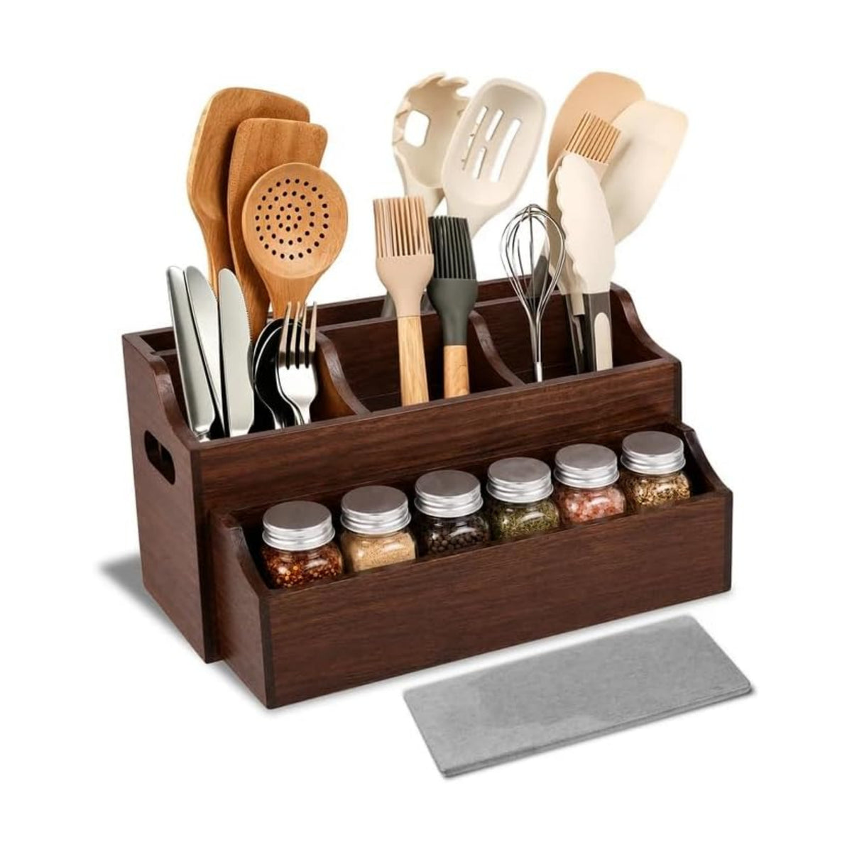 Kitchen Utensil Holder for Countertop, Large Wooden Utensil Organizer | 6 Compartments for Storage Cooking Utensils &