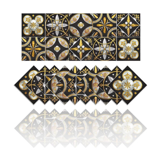 Self-Adhesive Vintage Moroccan Tile Decals Peel / 15cm * 15cm / Gold Black / 6 x 6 / Set of 10