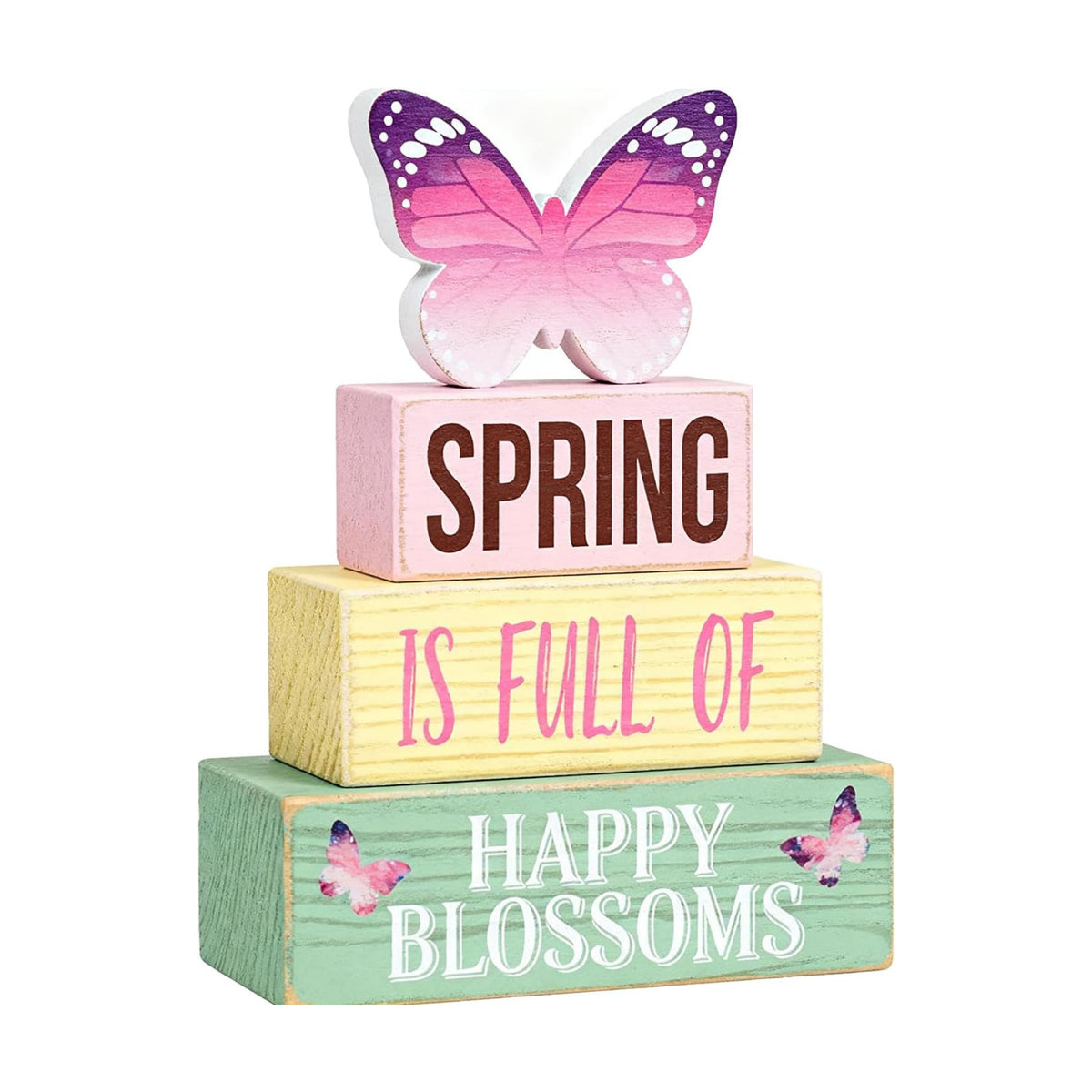 Spring Decoration Wooden Tiered Tray Decor – Butterfly Spring Stacked Block Sign with Floral Accents – Farmhouse Tabletop Spring Decor for Shelf Mantel Seasonal Home Display