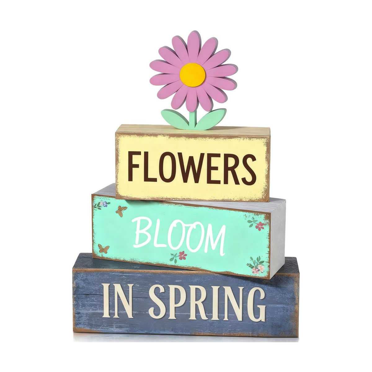 Spring Decoration Wooden Tiered Tray Decor – Daisy Flower Spring Stacked Block Sign – Farmhouse Tabletop Floral Spring Decor for Shelf Mantel Seasonal Home Display