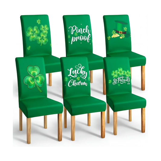 Mindsoft 6 Pcs St. Patrick's Day Chair Covers Green Clover Dining Protector Removable Seat Covers Washable Stretch Spring Slipcovers for Hotel Restaurant Party Wedding Holiday Decor