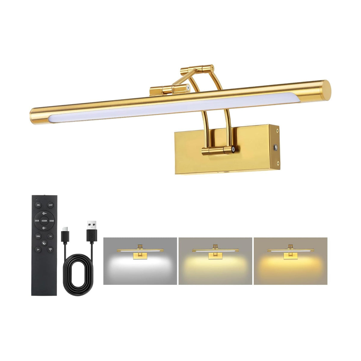 16" Picture Lights for Wall, 8000mAh Rechargeable Wireless Remote | Battery Operated Art Light 3000K/4000K/6000K