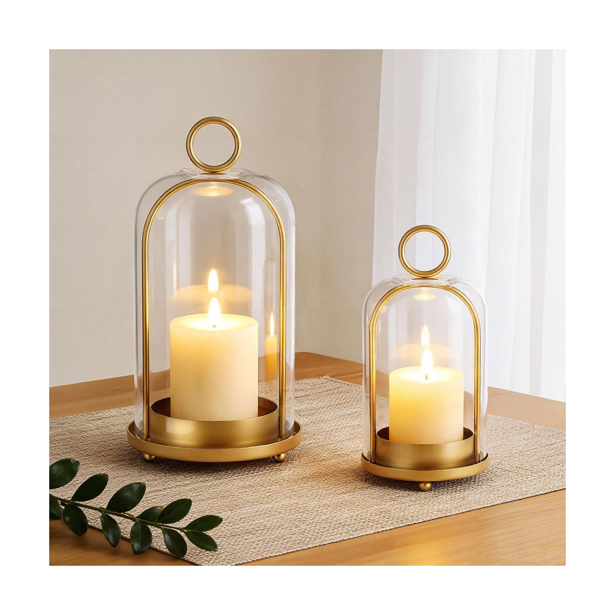 Metal Candle Holder, 5"&4" Wide Hurricane Glass Candle Holders with Handmade Glass Dome, Hanging Brass Candle Lantern