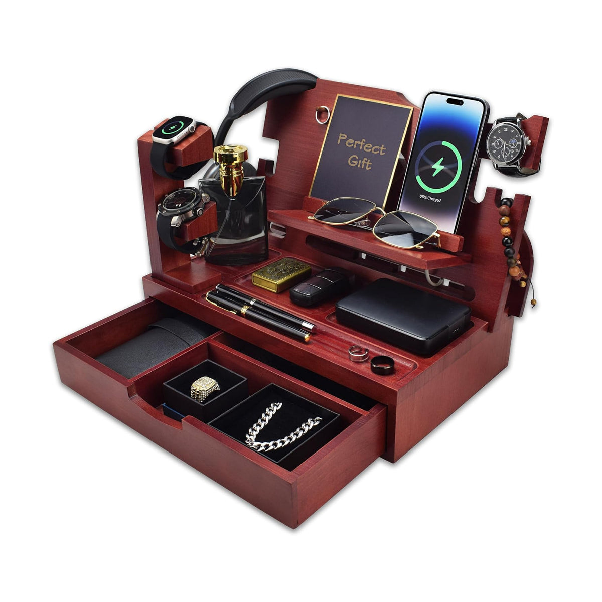 Nightstand Organizer for Men with Large Drawer, Wood Phone Docking Station for Phone, Apple Watch, Wallet & Keys, Ideal