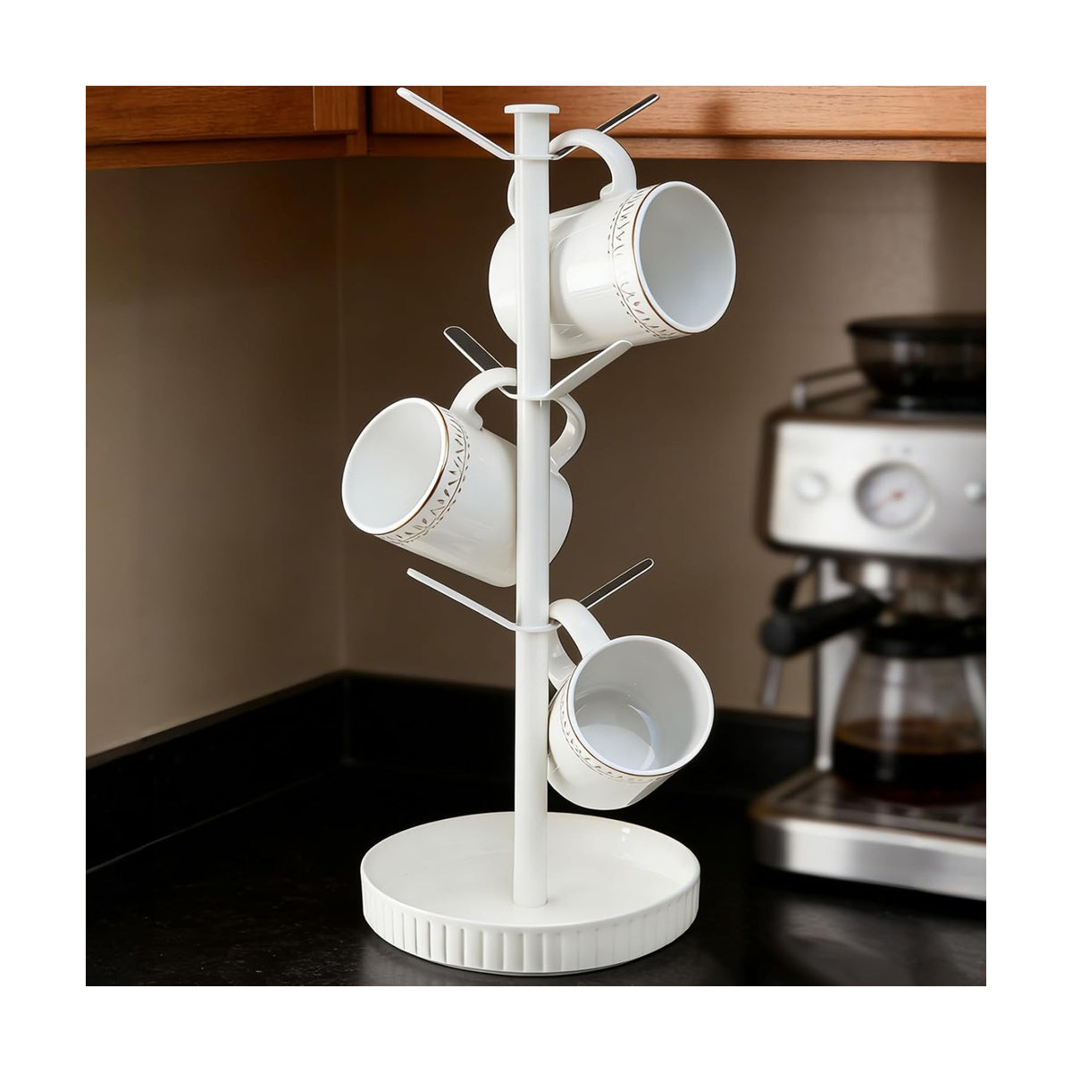 VROOMIUM Ceramic Coffee Mug Holder,Extra-Large and Stable, Fits 20oz, White | Effortless Cleaning, Built-in Storage for