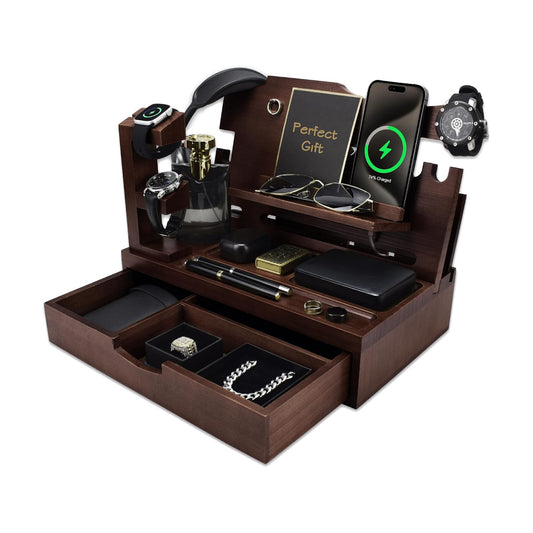 Nightstand Organizer for Men with Large Drawer, Wood Phone Docking Station for Phone, Apple Watch, Wallet & Keys, Ideal