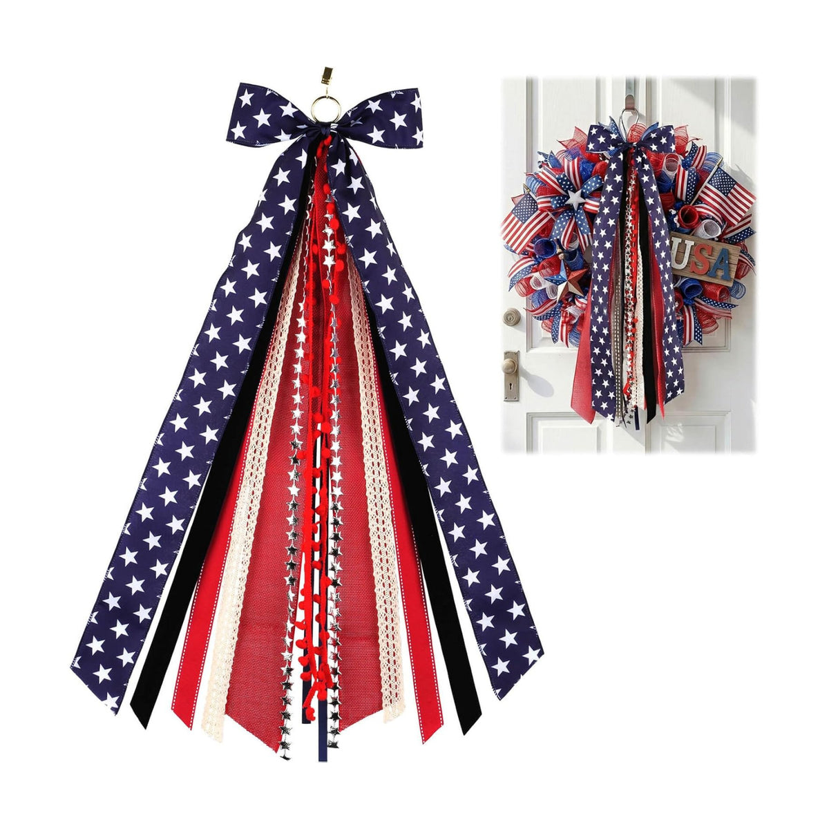 Patriotic Bow for Wreaths, 27.5" Red White Blue 8-Layer Wired Ribbon, Clip-On Stars Stripes Memorial Veterans Independence Day Front Door Decor
