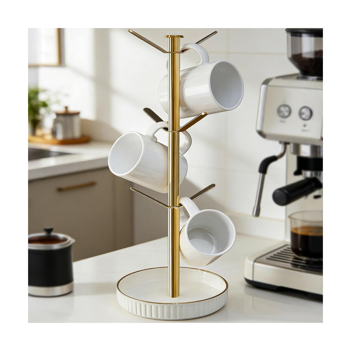 VROOMIUM Ceramic Coffee Mug Holder,Extra-Large and Stable, Fits 20oz, Gold | Effortless Cleaning, Built-in Storage for