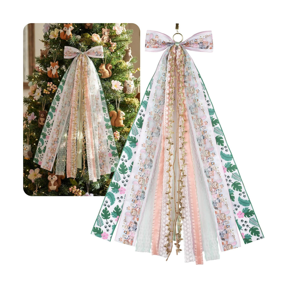 Safari Jungle Wreath Bow for Girl, 8 Layered Ribbon Large Door Bow 27.5 Inch, Pink Tropical Animal Theme Party Decoration