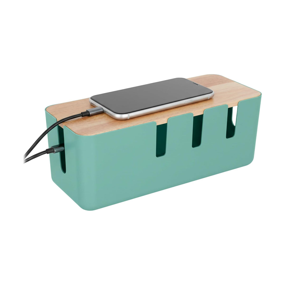 Relaxdays Cable Box for 2-Outlet Strips with Wooden Lid, Plastic, Cable Management, Organizer, 11.5 x 30.5 x 12.5 cm
