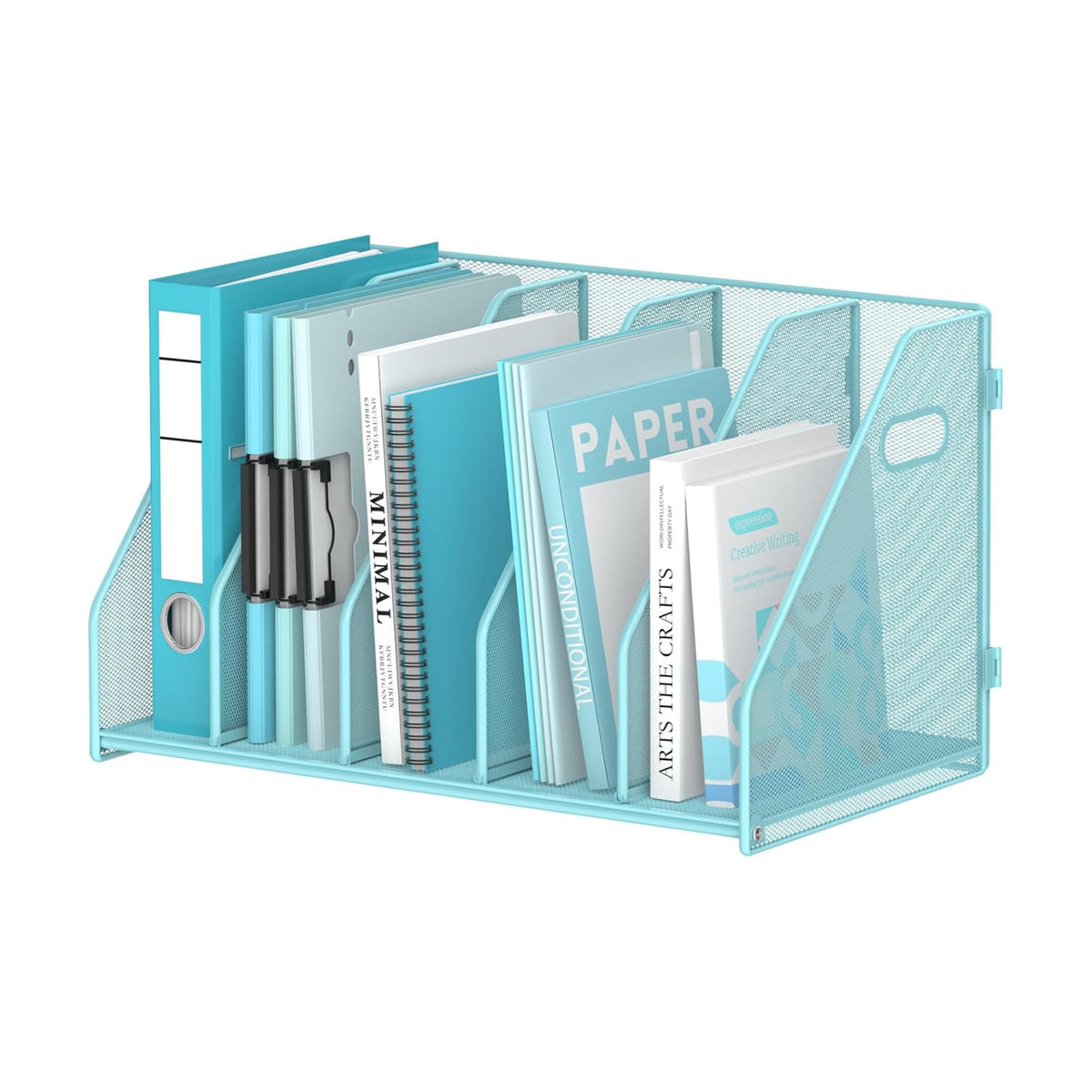 Binder Organizer, Magazine File Holder with 5 Vertical Rack, Blue | Metal Desk File Organizer & Binder Holders