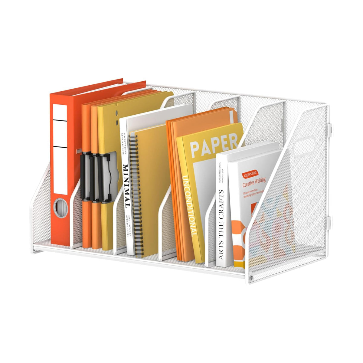 Binder Organizer, Magazine File Holder with 5 Vertical Rack, White | Metal Desk File Organizer & Binder Holders