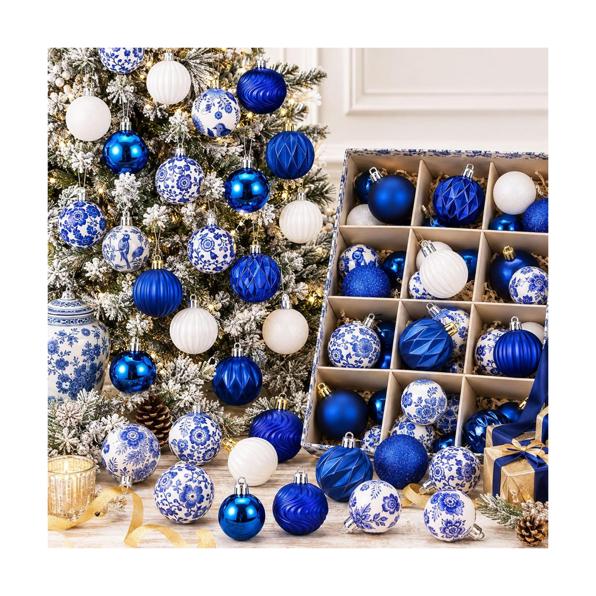 Lunmon 64 Pcs Chinoiserie Christmas Ornaments Blue and White Xmas Bulbs