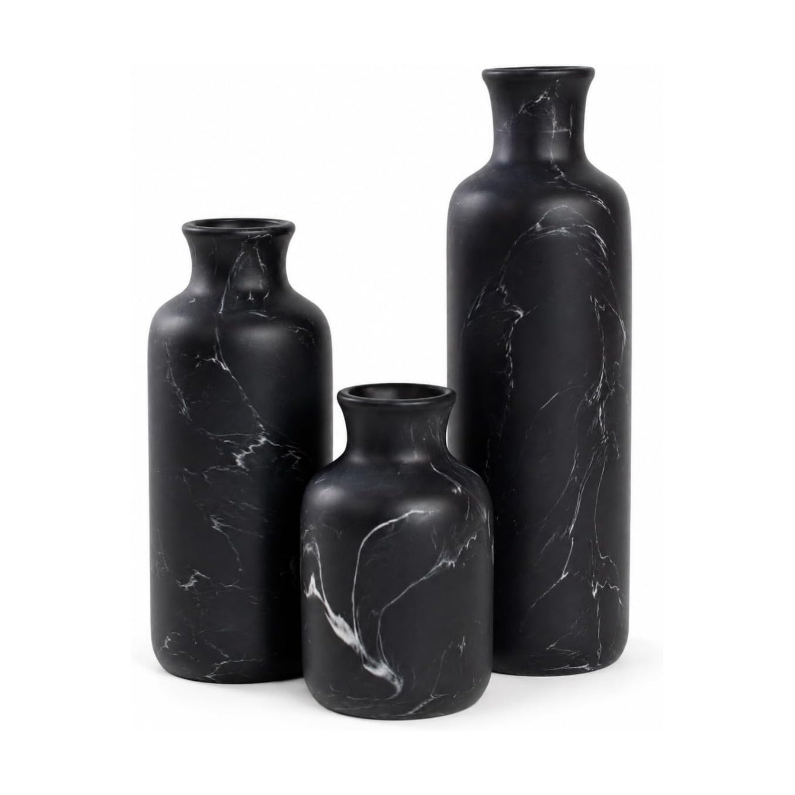 Resin 3 Piece Vase Set / Black Marble Look