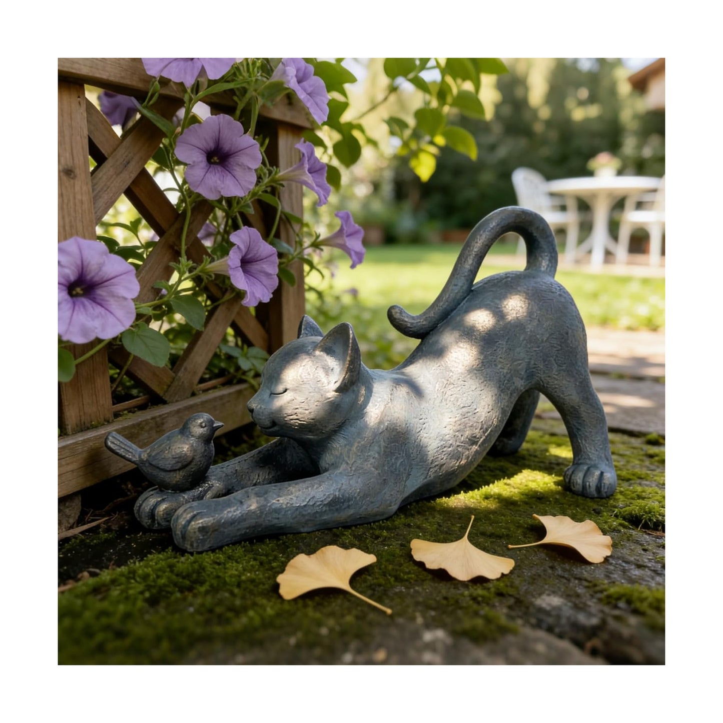 Cat Garden Statues Outdoor Cat-Figurines / Cat with Bird / 16 x 6 x 9.5