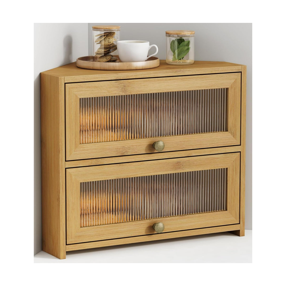 Goozii Corner Bread Box for Kitchen Countertop, Double Layer Bamboo Wood Breadbox for Homemade Bread, 2 Door Roll up