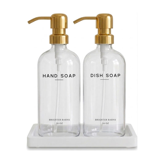 Luxury Glass Hand and Dish Soap Dispenser Set by Brighter Barns - Gold Kitchen Soap Dispenser Set with Stainless Steel