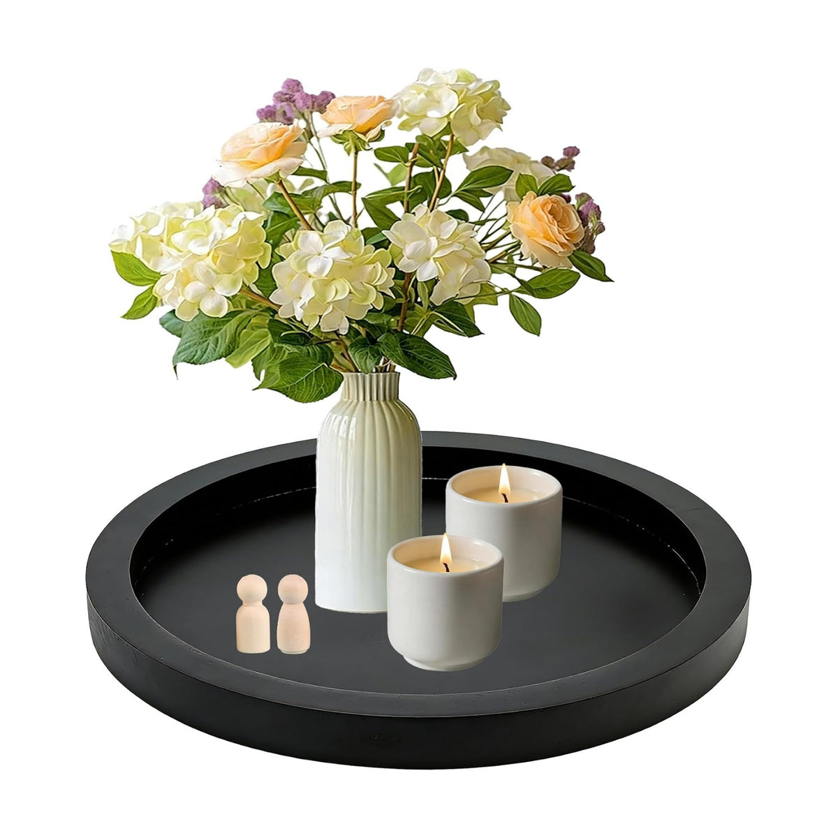 11 Inches Round Wooden Tray Decor,Black Decorative Trays