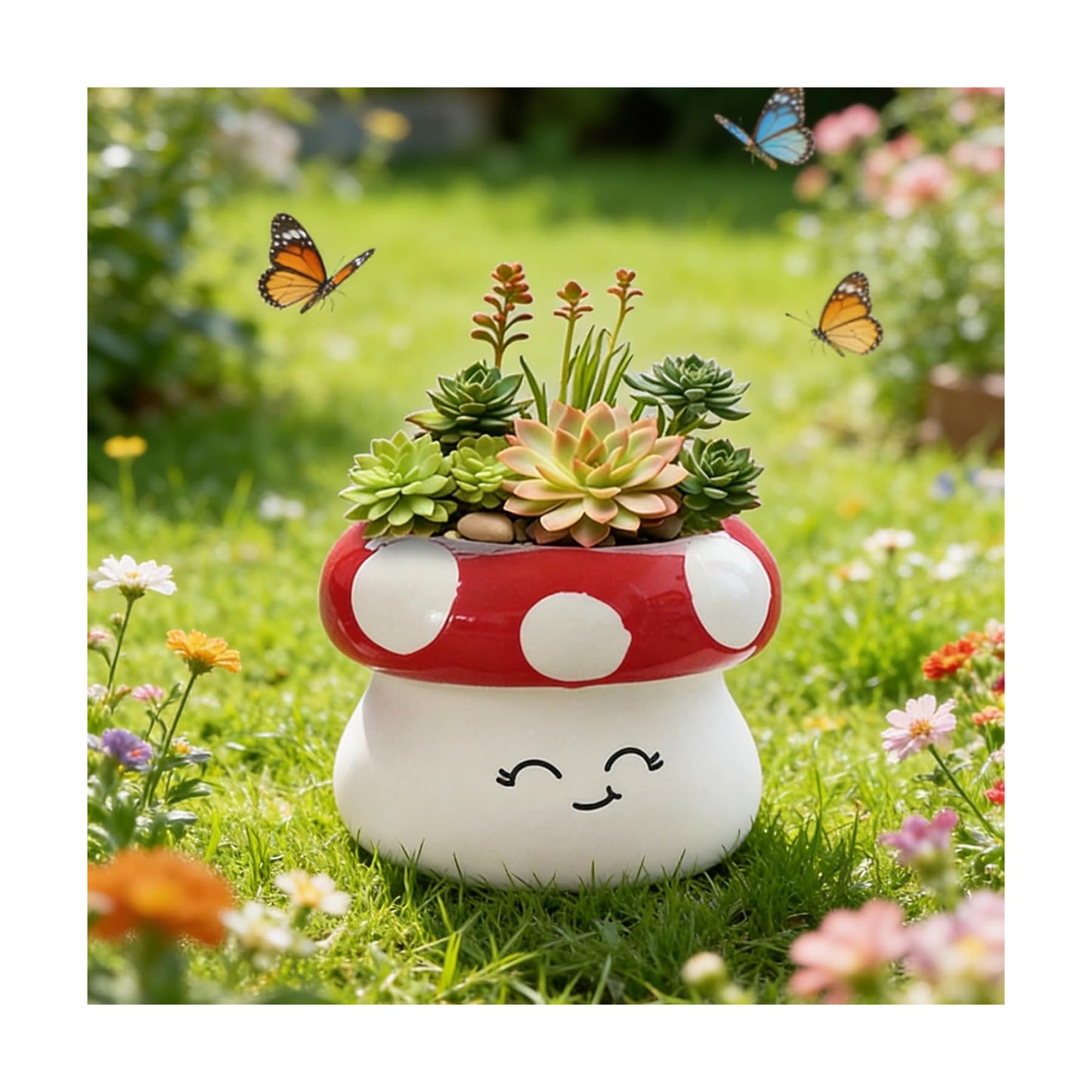 Red Ceramic Mushroom Planter Pot / White