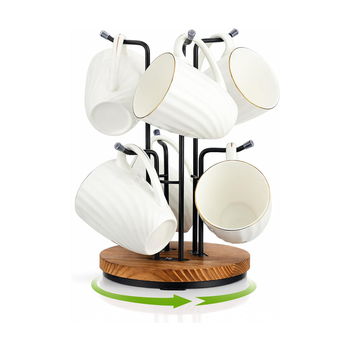 Rotating Large Mug Tree for Counter, Coffee Mug Holder, 6 Hooks | Cup Holder Stand for Countertop, Metal Rack &