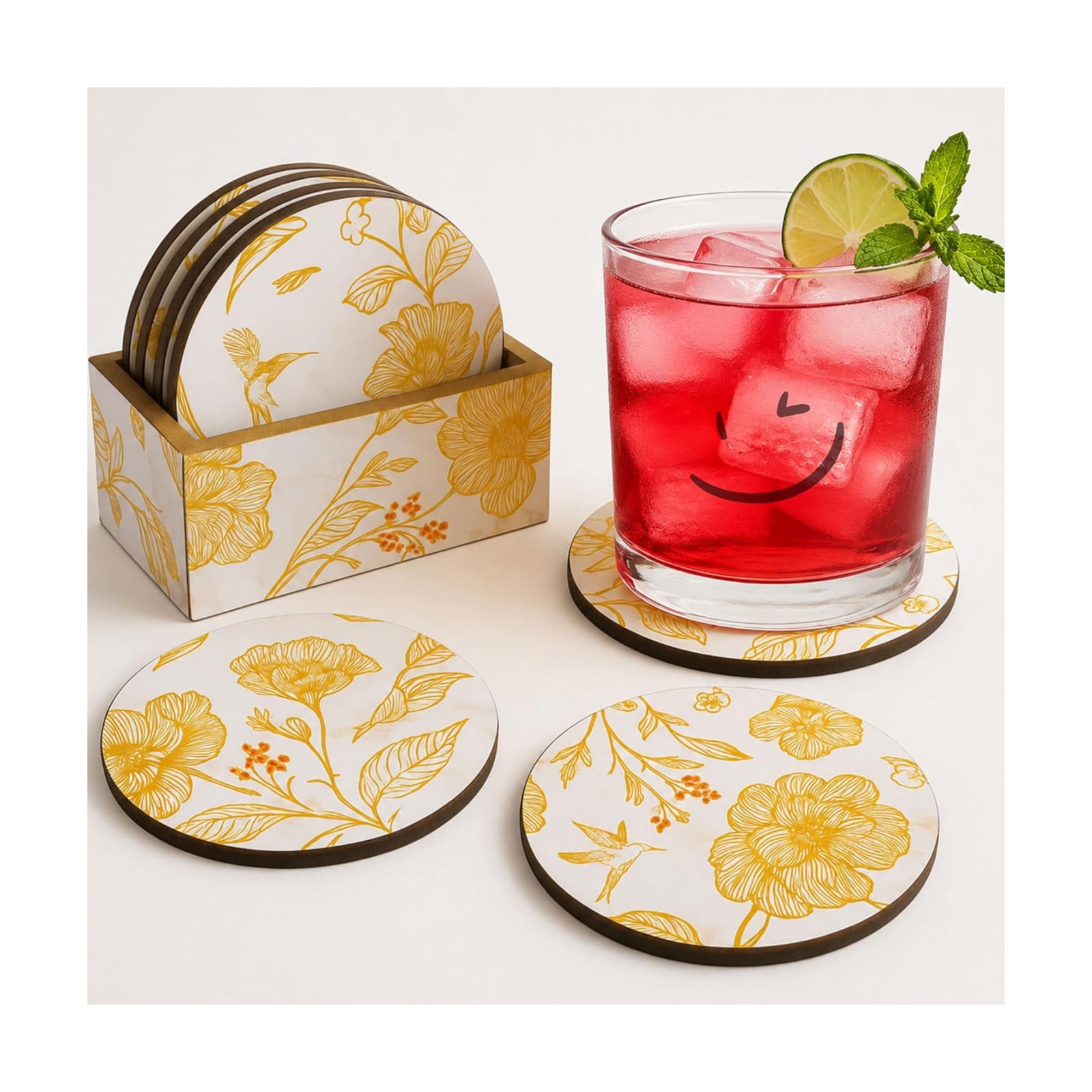 Holder / Wooden Coasters for Drinks / White Floral / Set of 6