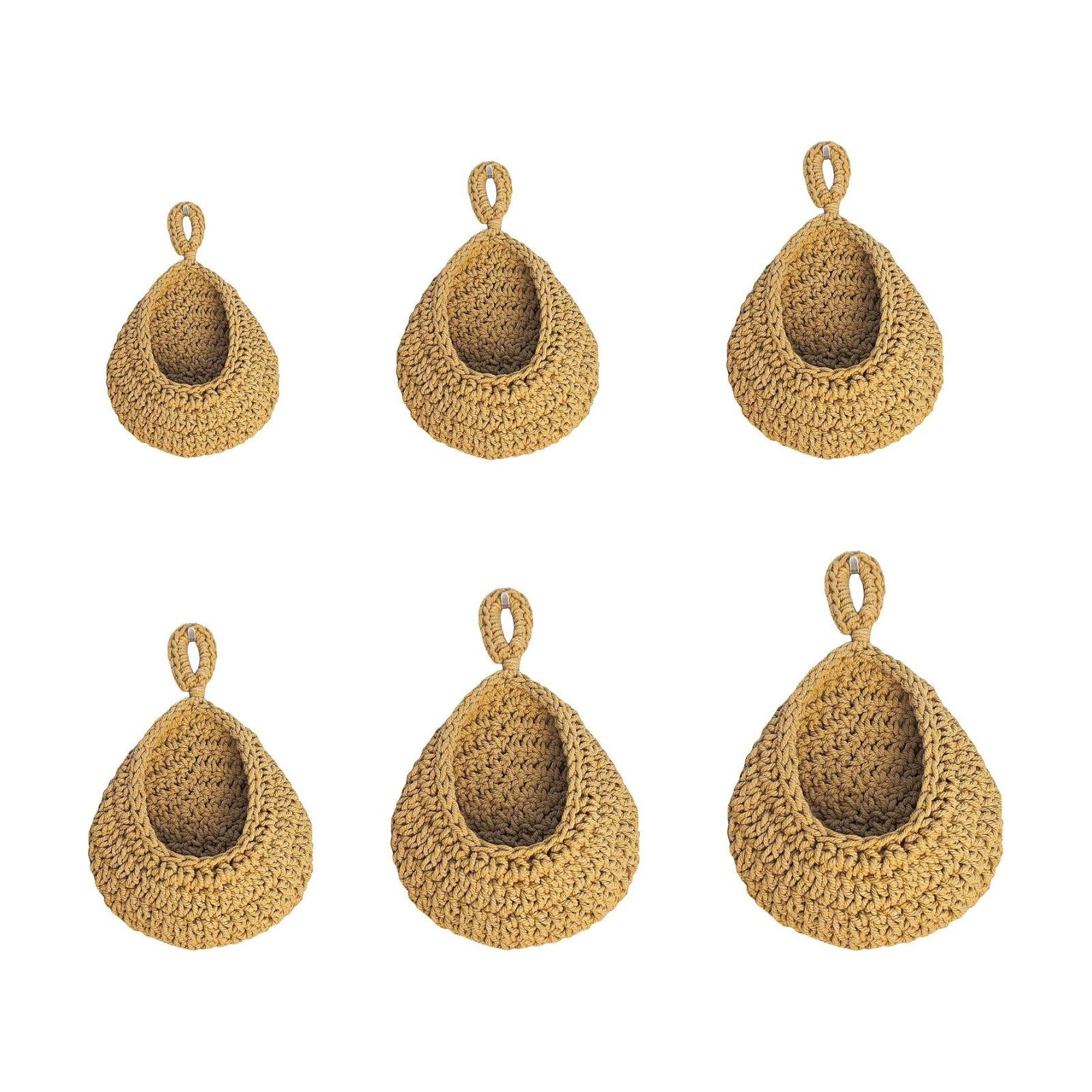 Natural Cotton Rope Hanging Basket Hand Woven Wall Mounted Hung Fruit / 6 Sizes Brown / Set of 6