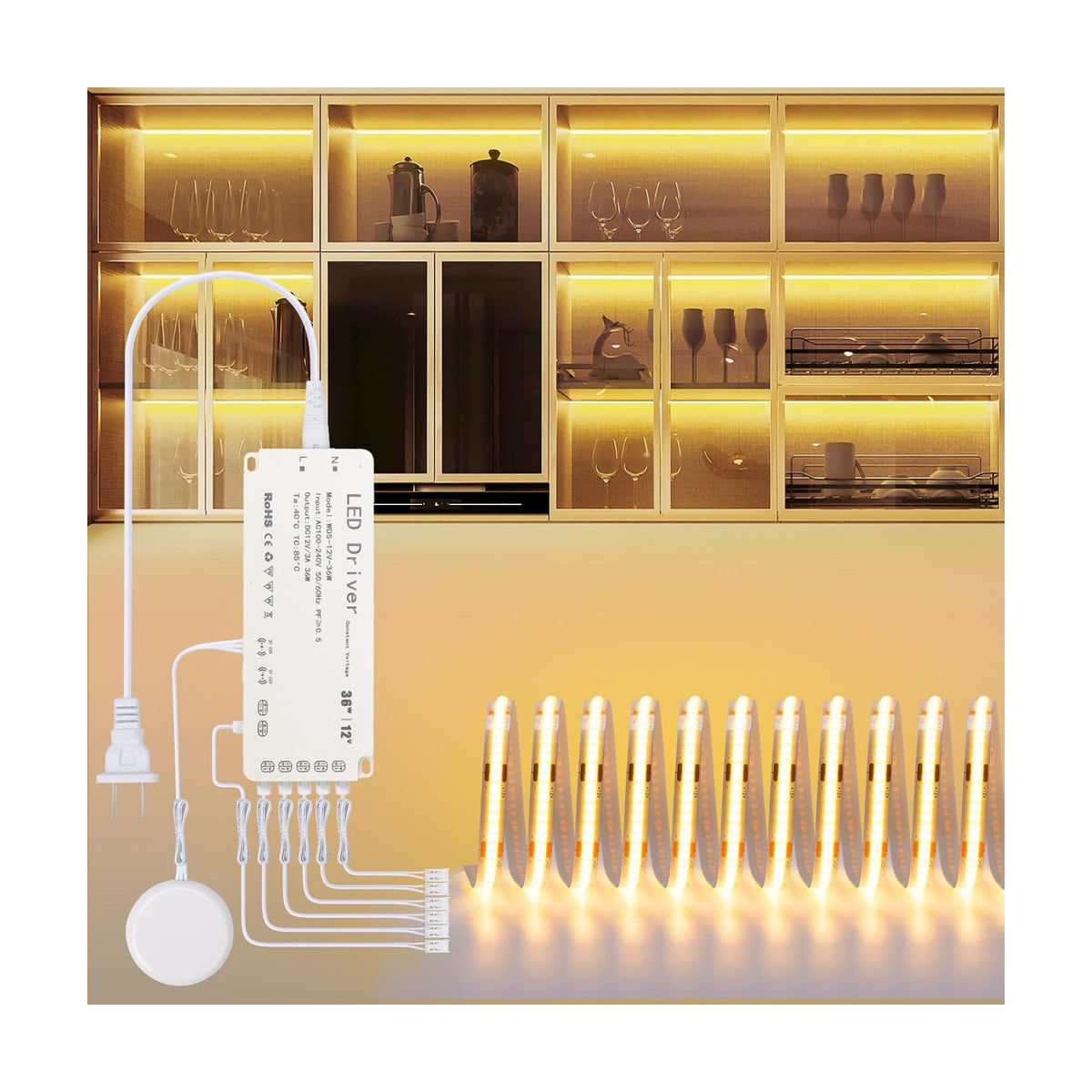 JUSJUBR LED Shelf Lights, 16.4ft 12V Dimmable Cuttable COB LED Strip Lights, Warm White 3000K, Under Shelf Lighting for