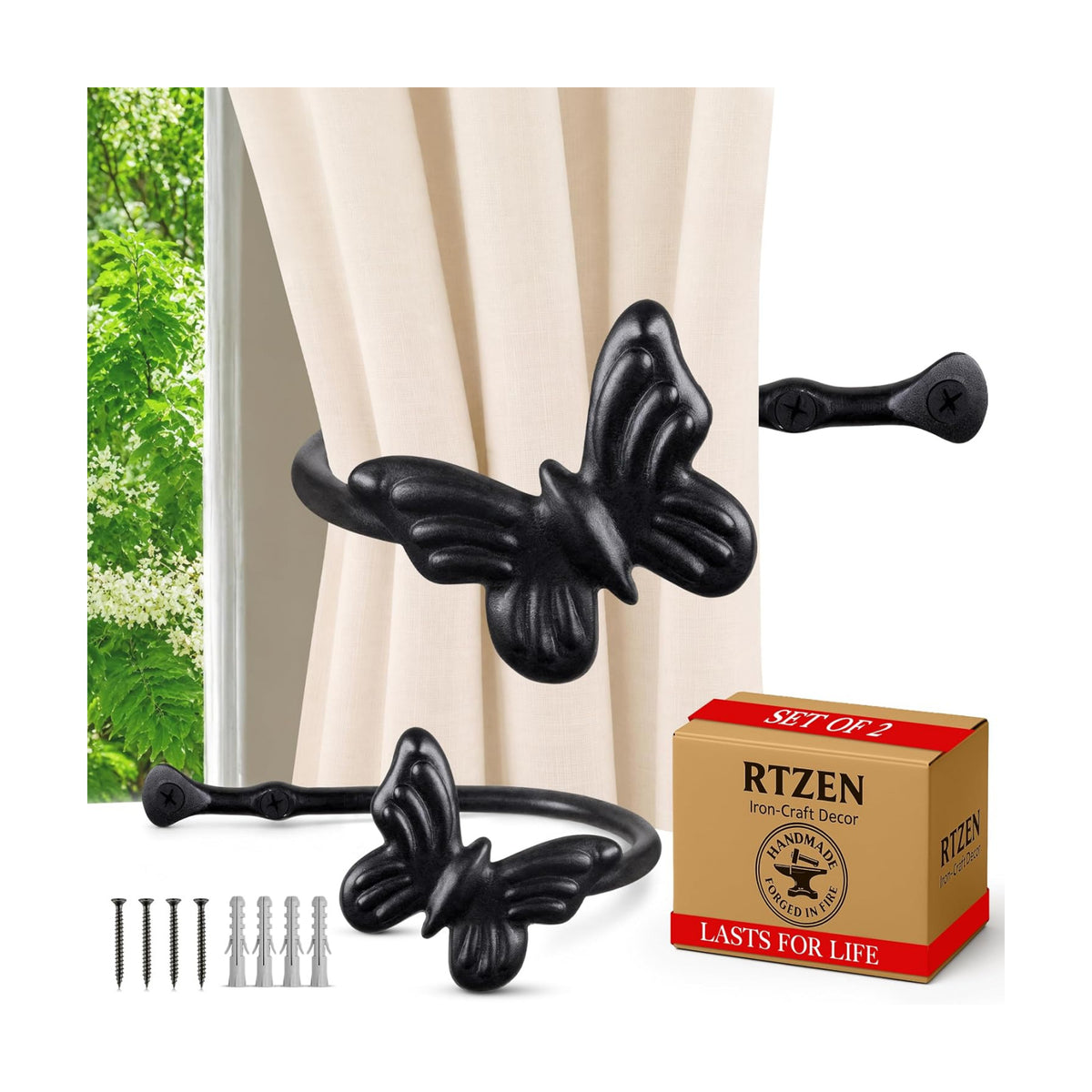 Metal Curtain Tiebacks, Drapery Holders for Wall, 2 Pcs | Farmhouse Wrought Iron Curtain Holdbacks, Ornamental Window