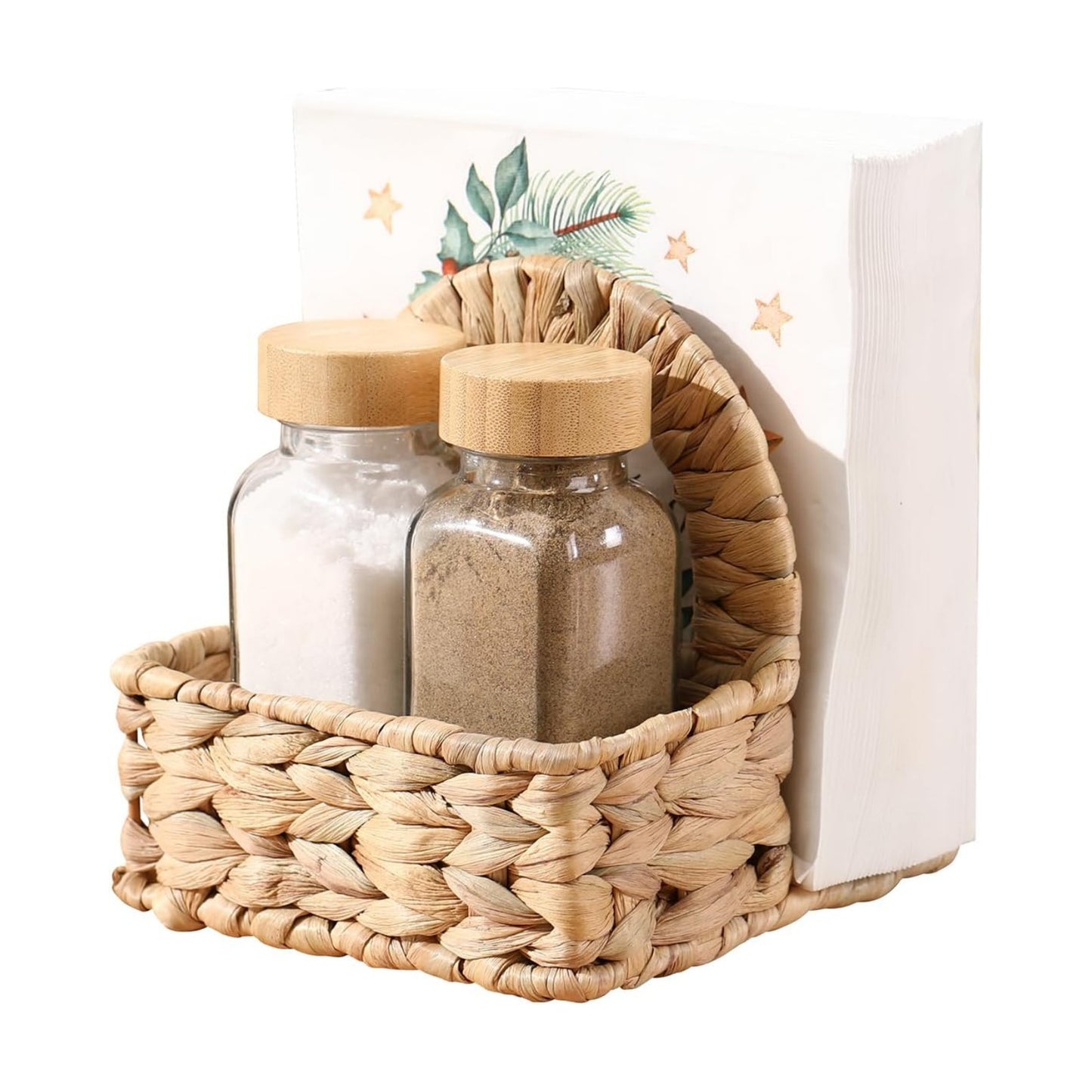 Napkin Holder / Woven Includes 2 Glass Shakers / Water Hyacinth / 5.5*5.5*5.5 / Natural