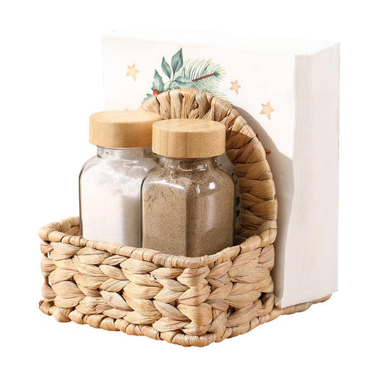 Napkin Holder / Woven Includes 2 Glass Shakers / Water Hyacinth / 5.5*5.5*5.5 / Natural