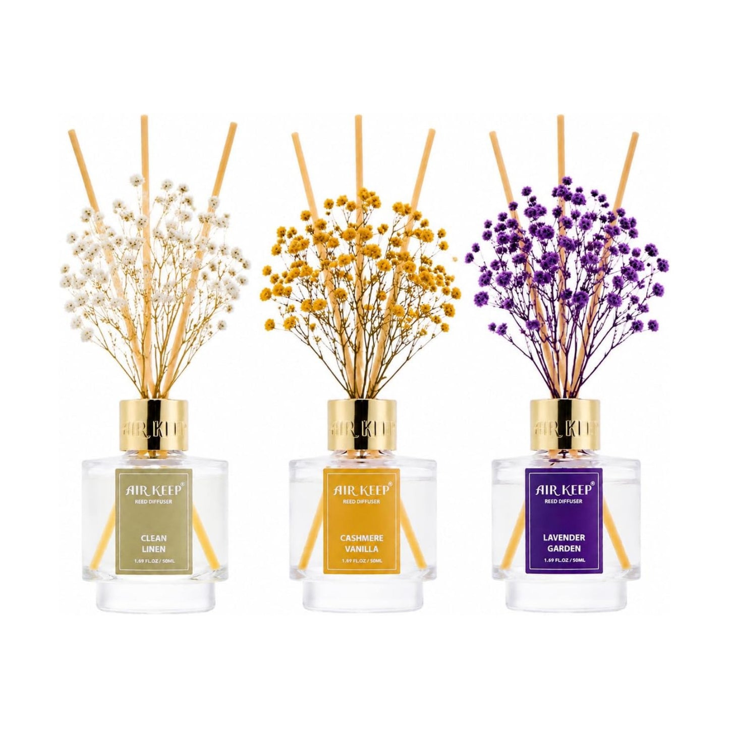 Airkeep Reed Diffuser Set of 3,Clean Linen Cashmere Vanilla Lavender Garden Oil Reed Diffusers for Bedroom Living Room