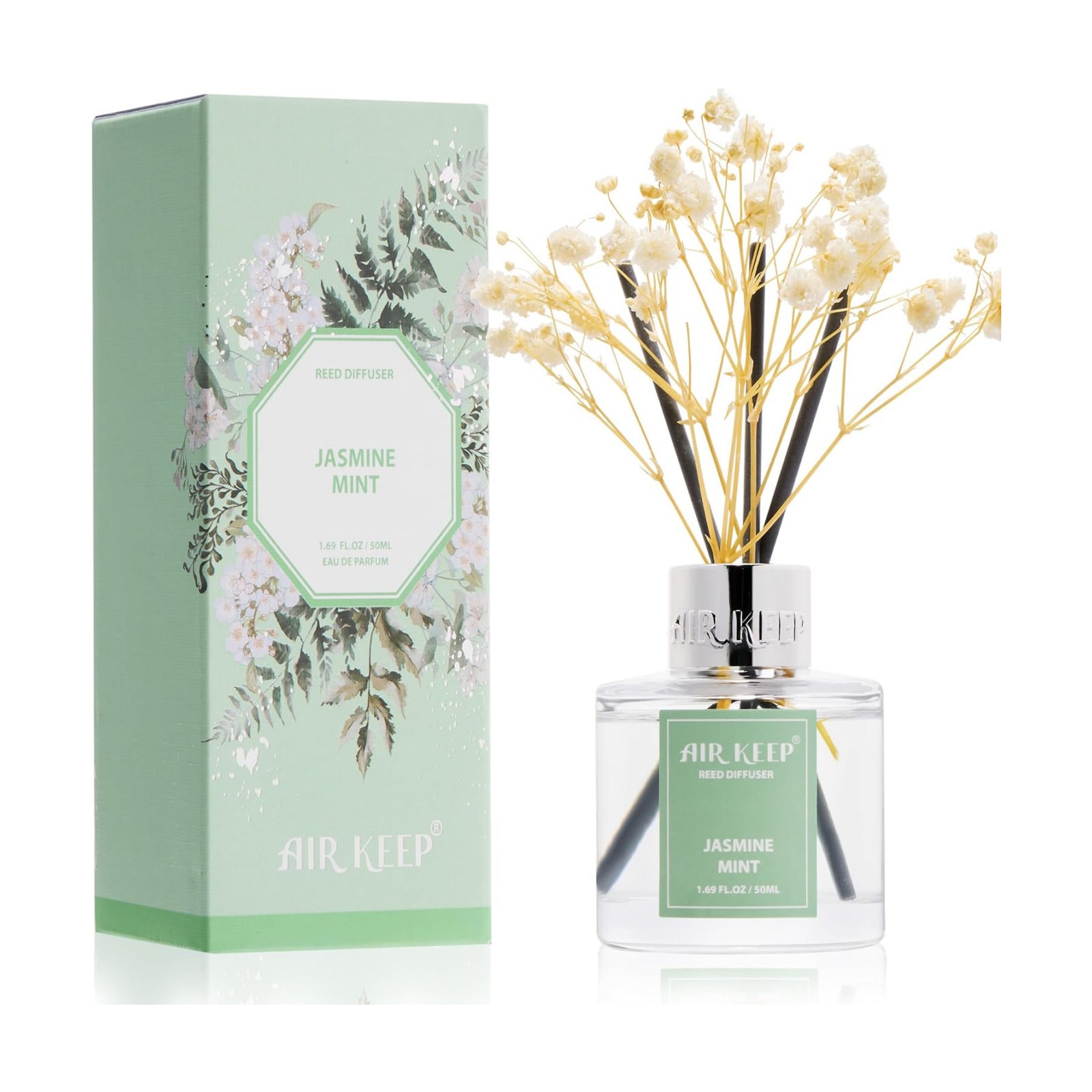 Airkeep Reed Diffuser Set,1.69 fl oz (50 ml) - Jasmine Mint Oil Diffusers with 8 Reed Sticks,Home Fragrance Reed