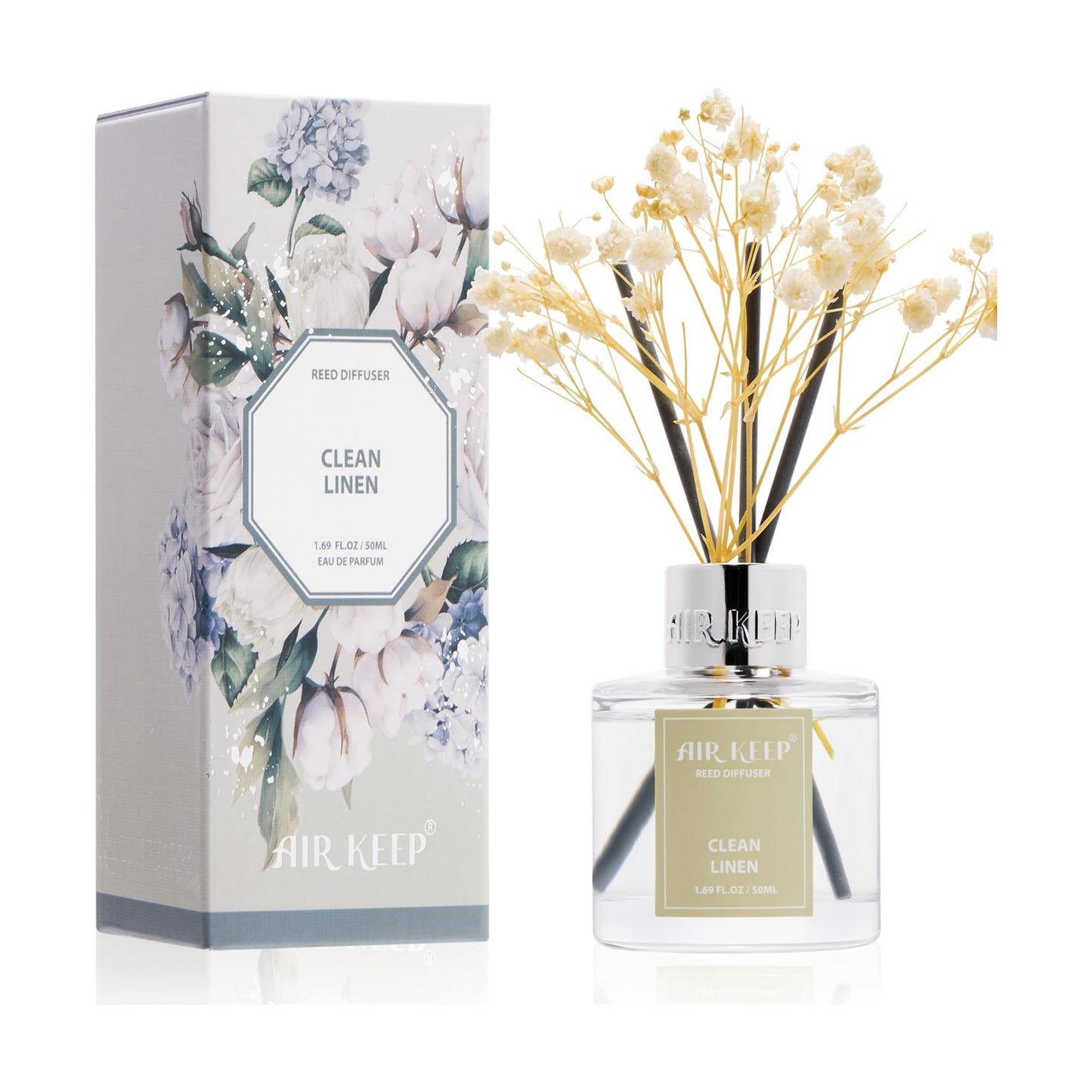 Airkeep Reed Diffuser Set,1.69 fl oz (50 ml) - Clean Linen Oil Diffusers with 8 Reed Sticks,Home Fragrance Reed