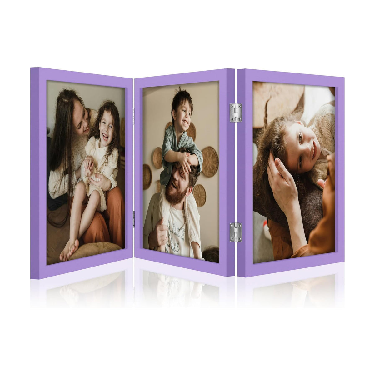 decorUhome Purple Triple 8x10 Picture Frame Vertical, MDPP08 | "Z" Shape Folding Design Engineered Wood Trifold Photo