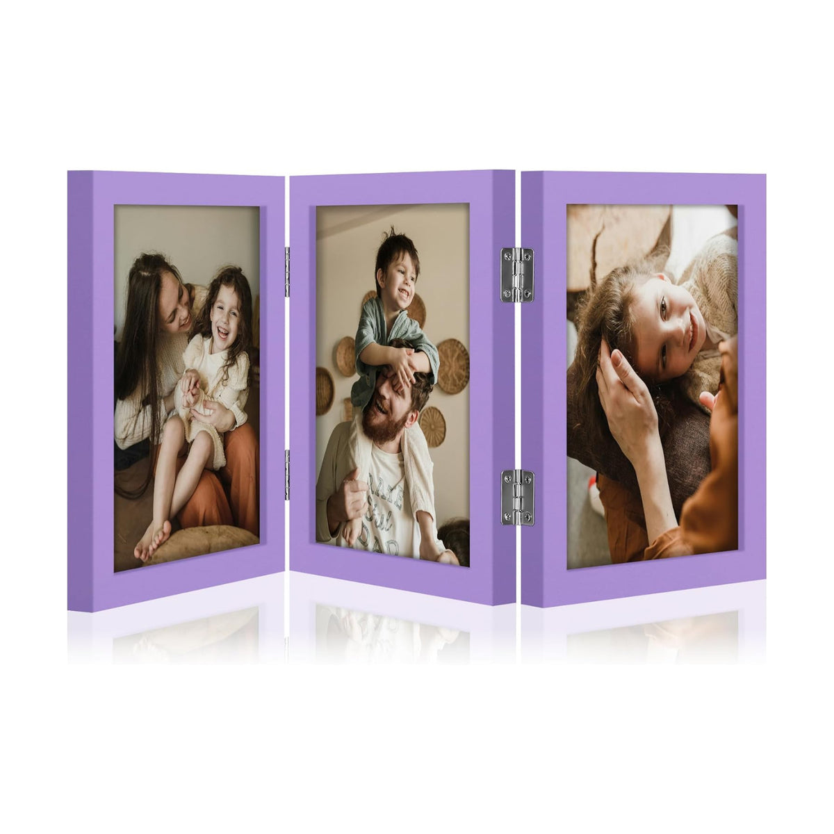 decorUhome Purple Triple 5x7 Picture Frame Vertical, MDPP08 | "Z" Shape Folding Design Engineered Wood Trifold Photo