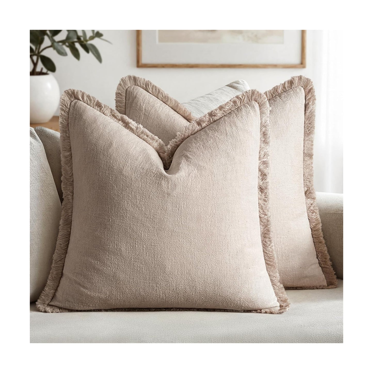 MIULEE Boho Natural Linen Fringe Decorative Euro Throw Pillow Covers 24x24