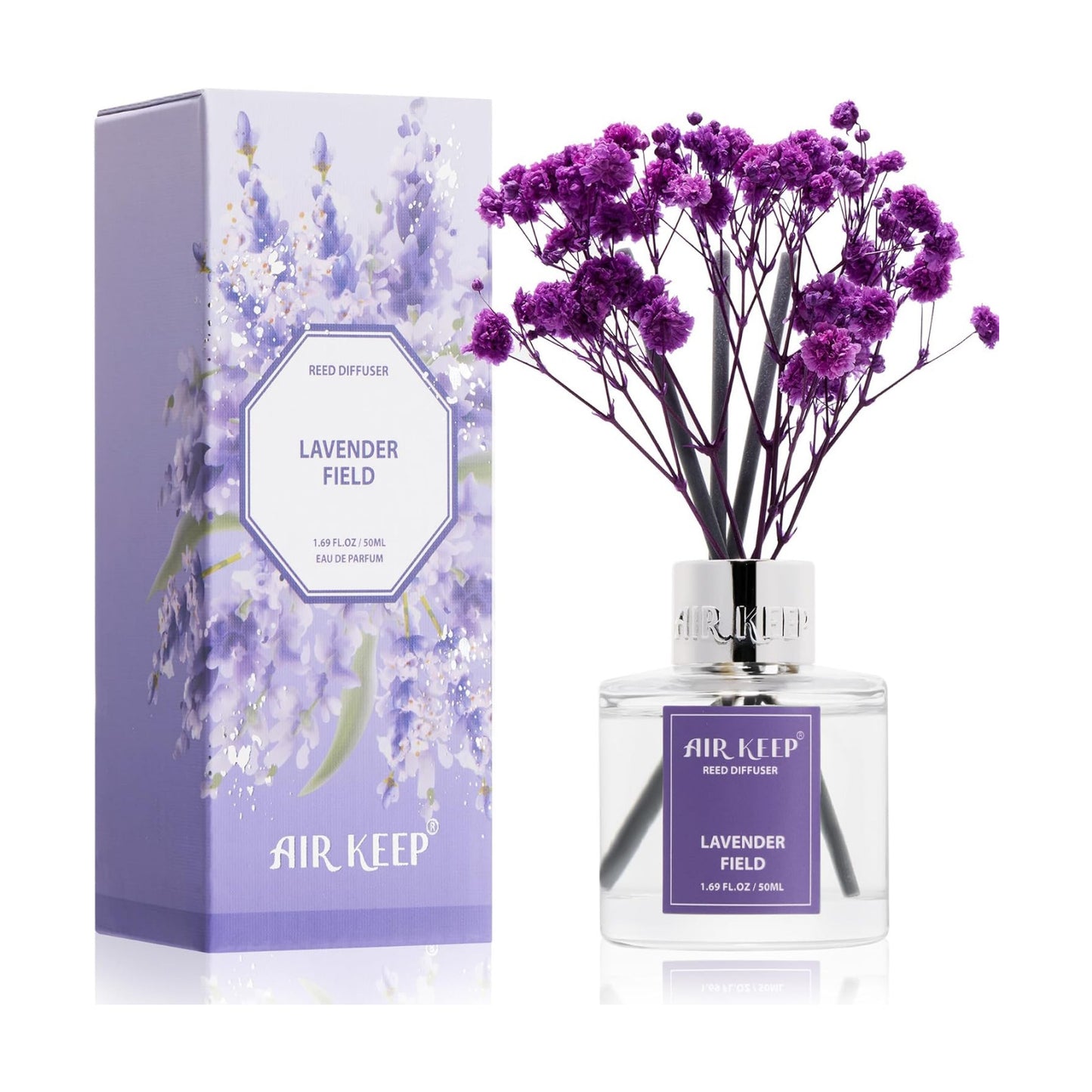 Airkeep Reed Diffuser Set,1.69 fl oz (50 ml) - Lavender Field Oil Diffusers with 8 Reed Sticks,Home Fragrance Reed