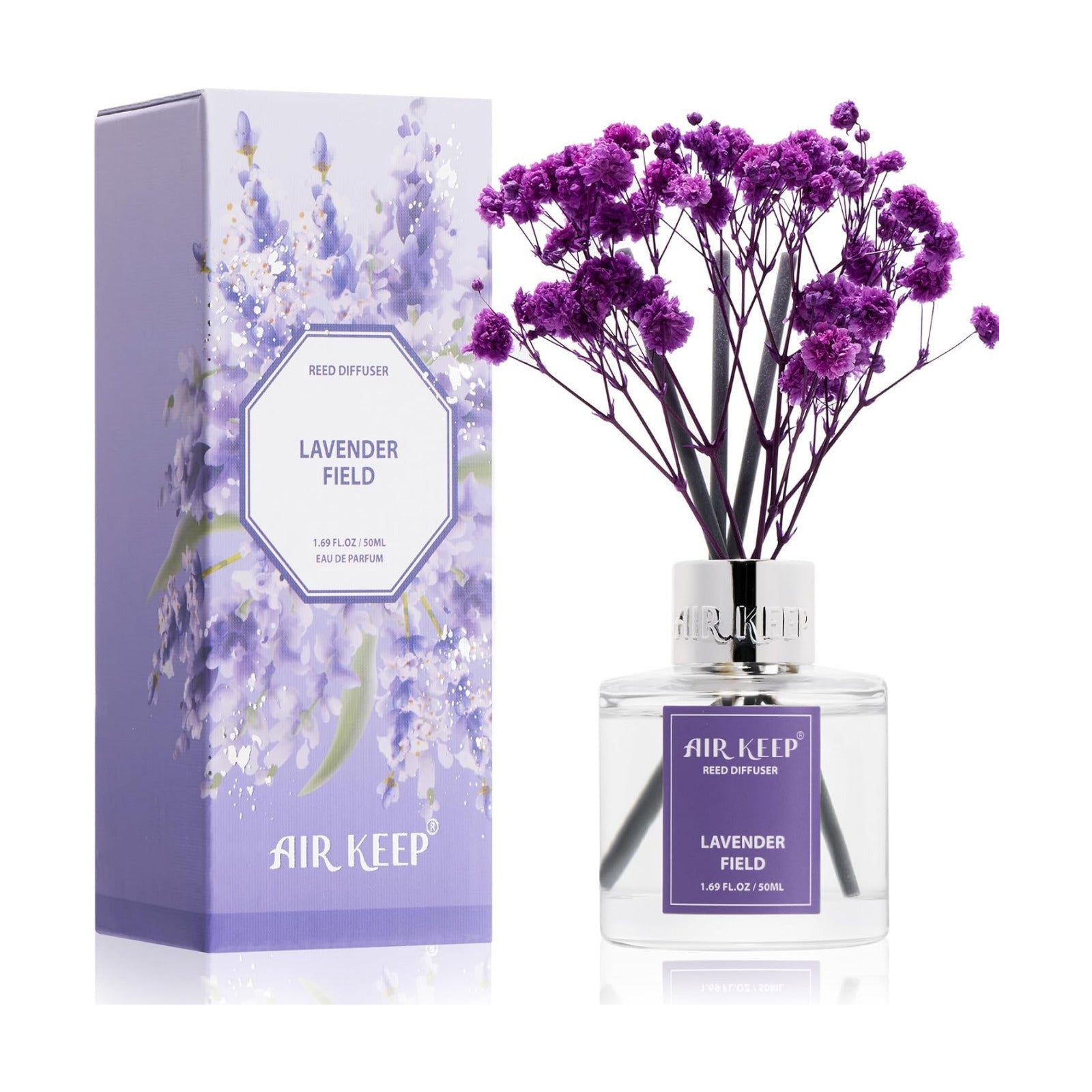 Airkeep Reed Diffuser Set,1.69 fl oz (50 ml) - Lavender Field Oil Diffusers with 8 Reed Sticks,Home Fragrance Reed