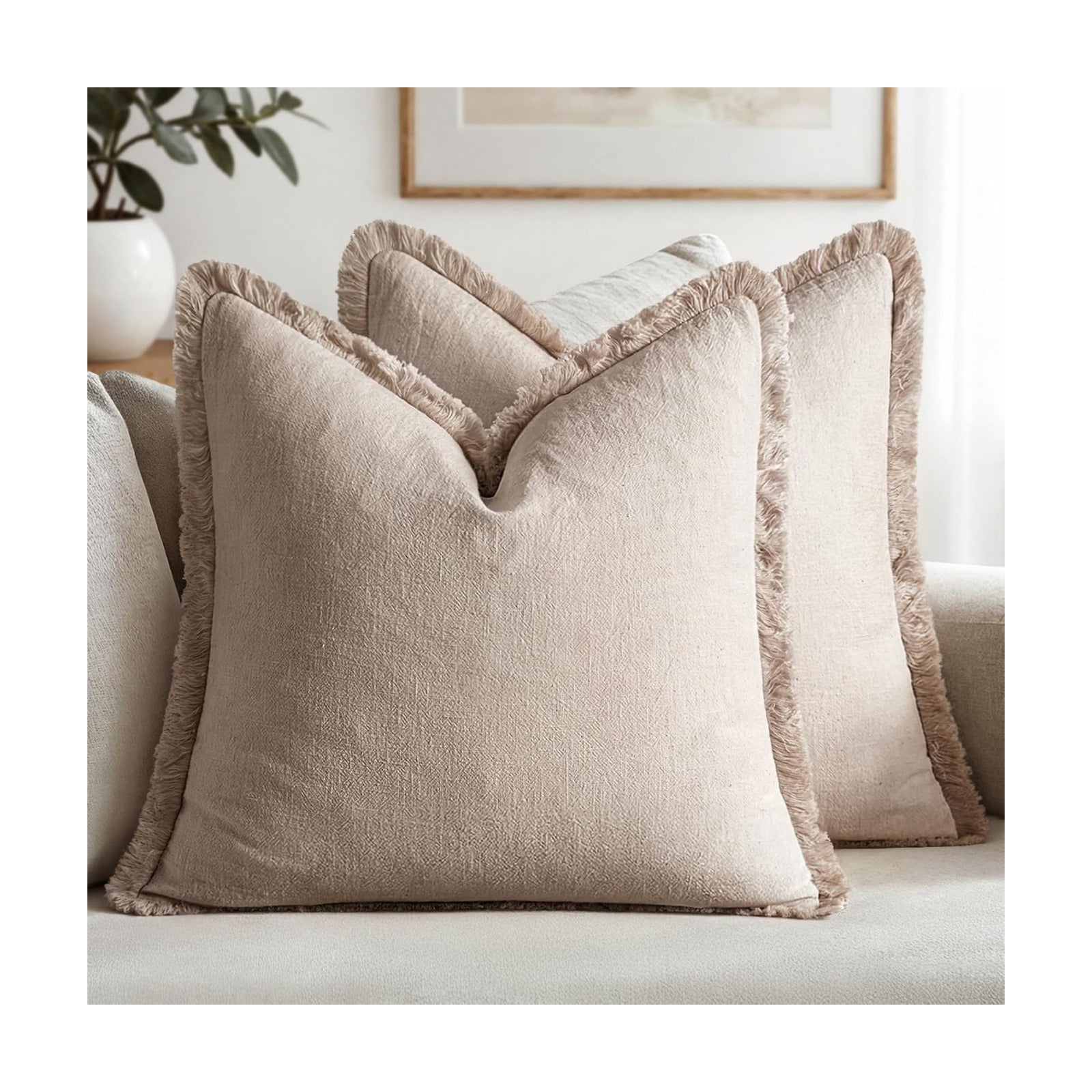 MIULEE Boho Natural Linen Fringe Decorative Euro Throw Pillow Covers 26x26