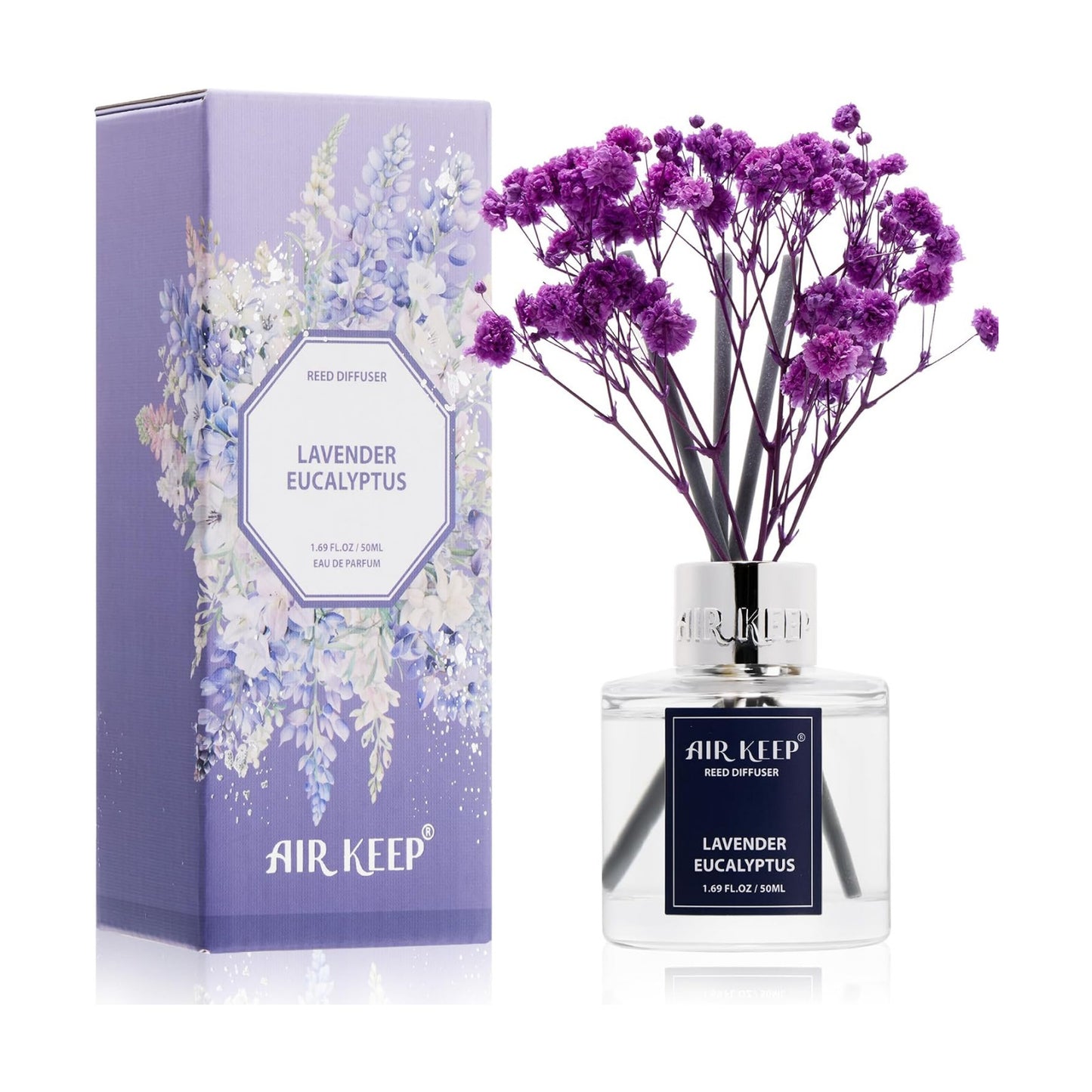 Airkeep Reed Diffuser Set,1.69 fl oz (50 ml) - Lavender Eucalyptus Oil Diffusers with 8 Reed Sticks,Home Fragrance Reed
