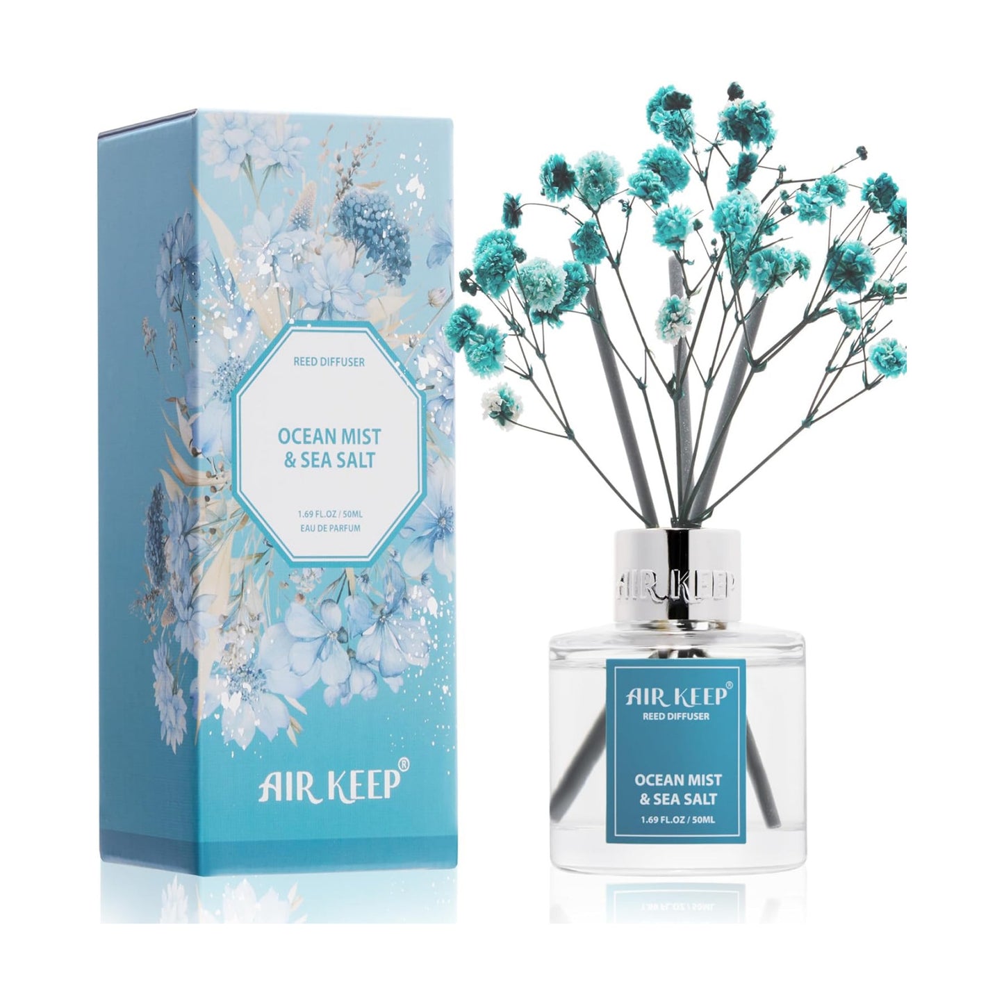 Airkeep Reed Diffuser Set,1.69 fl oz (50 ml) - Ocean Mist&Sea Salt Oil Diffusers with 8 Reed Sticks,Home Fragrance Reed