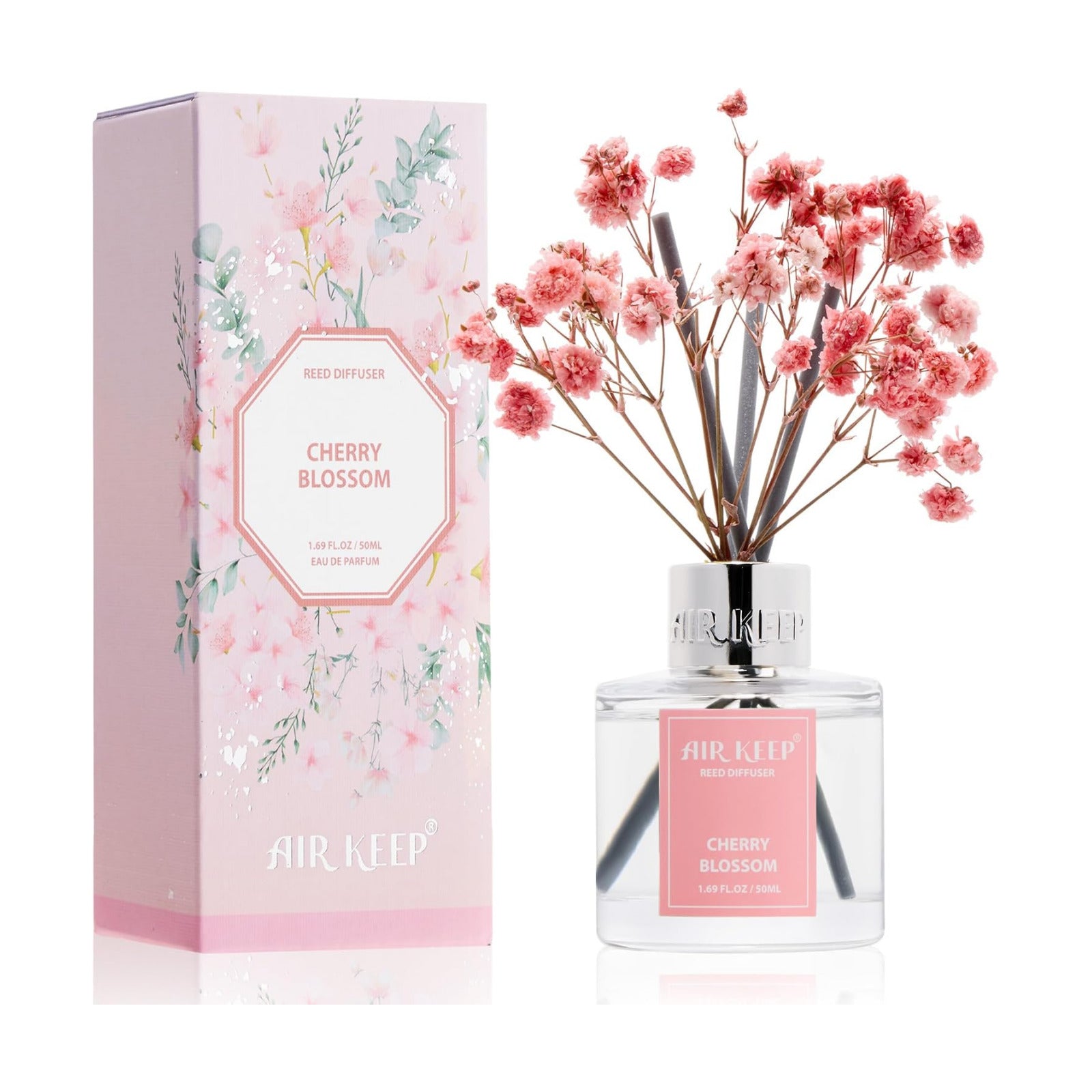 Airkeep Reed Diffuser Set,1.69 fl oz (50 ml) - Cherry Blossom Oil Diffusers with 8 Reed Sticks,Home Fragrance Reed