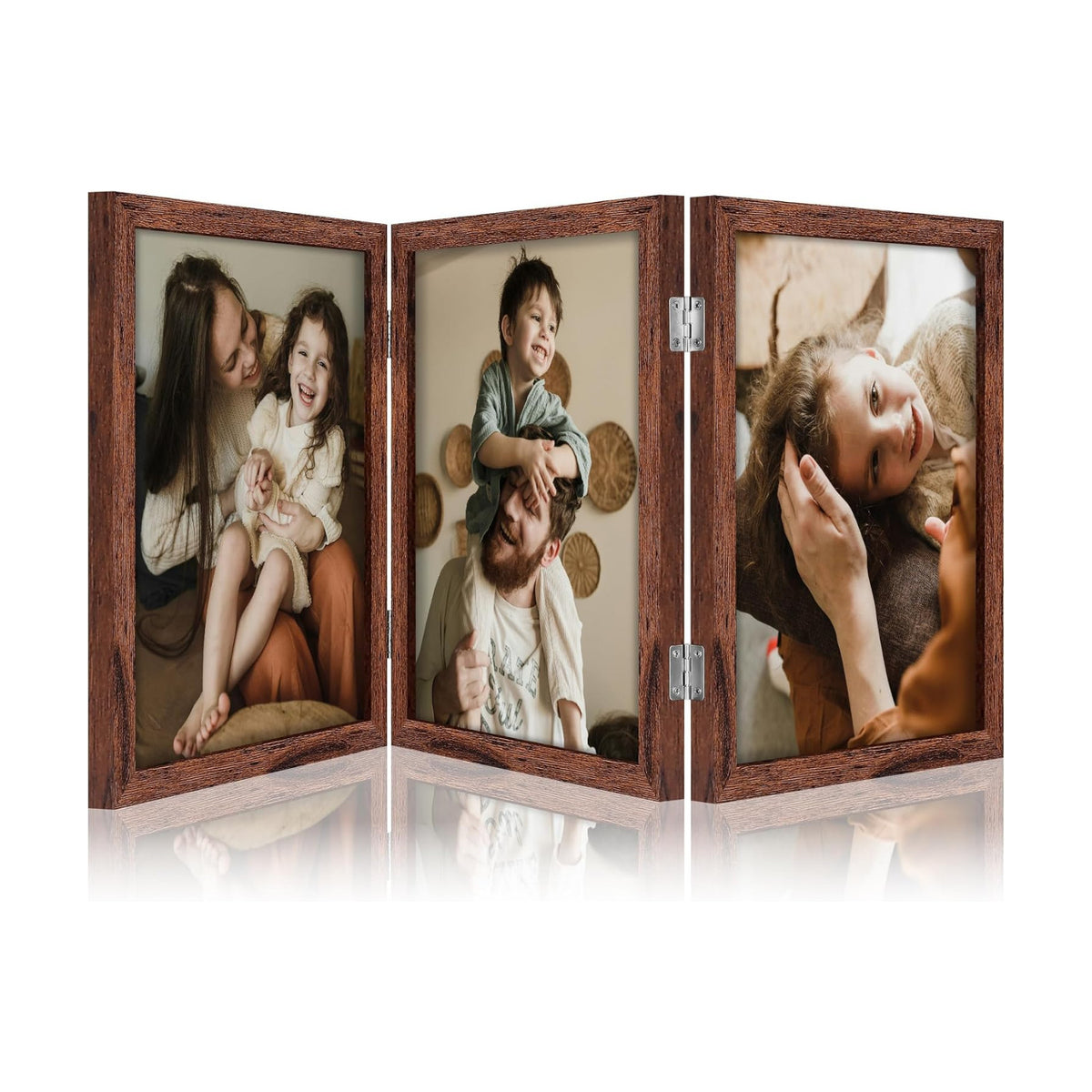 decorUhome Distressed Brown Triple 8x10 Picture Frame Vertical, MDDBN08 | "Z" Shape Folding Design Engineered Wood