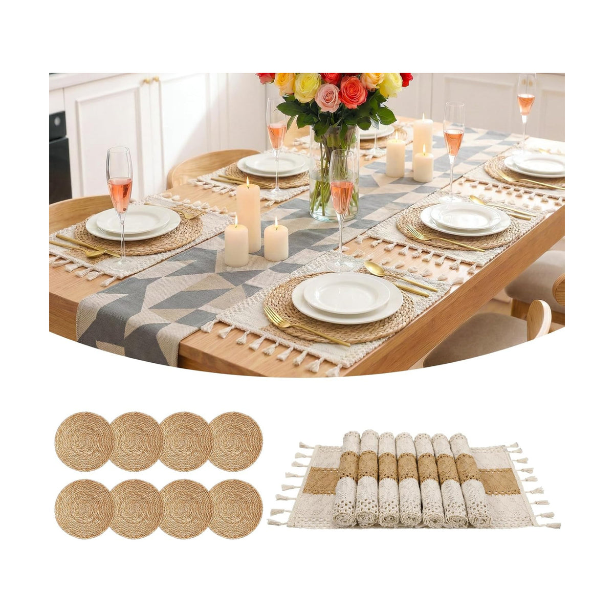 Placemats Set of 8 - Rattan Round Place Mats & 11.8” x 17” Cotton Braided Placemat for Dining Table Setting, Rustic