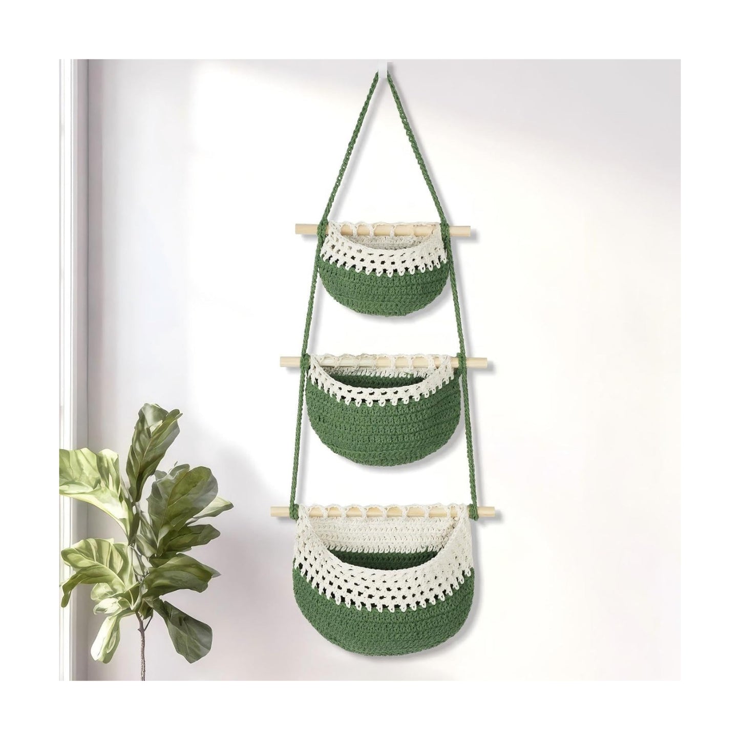 Boho Style Handwoven Rope Hanging Basket / Green&white