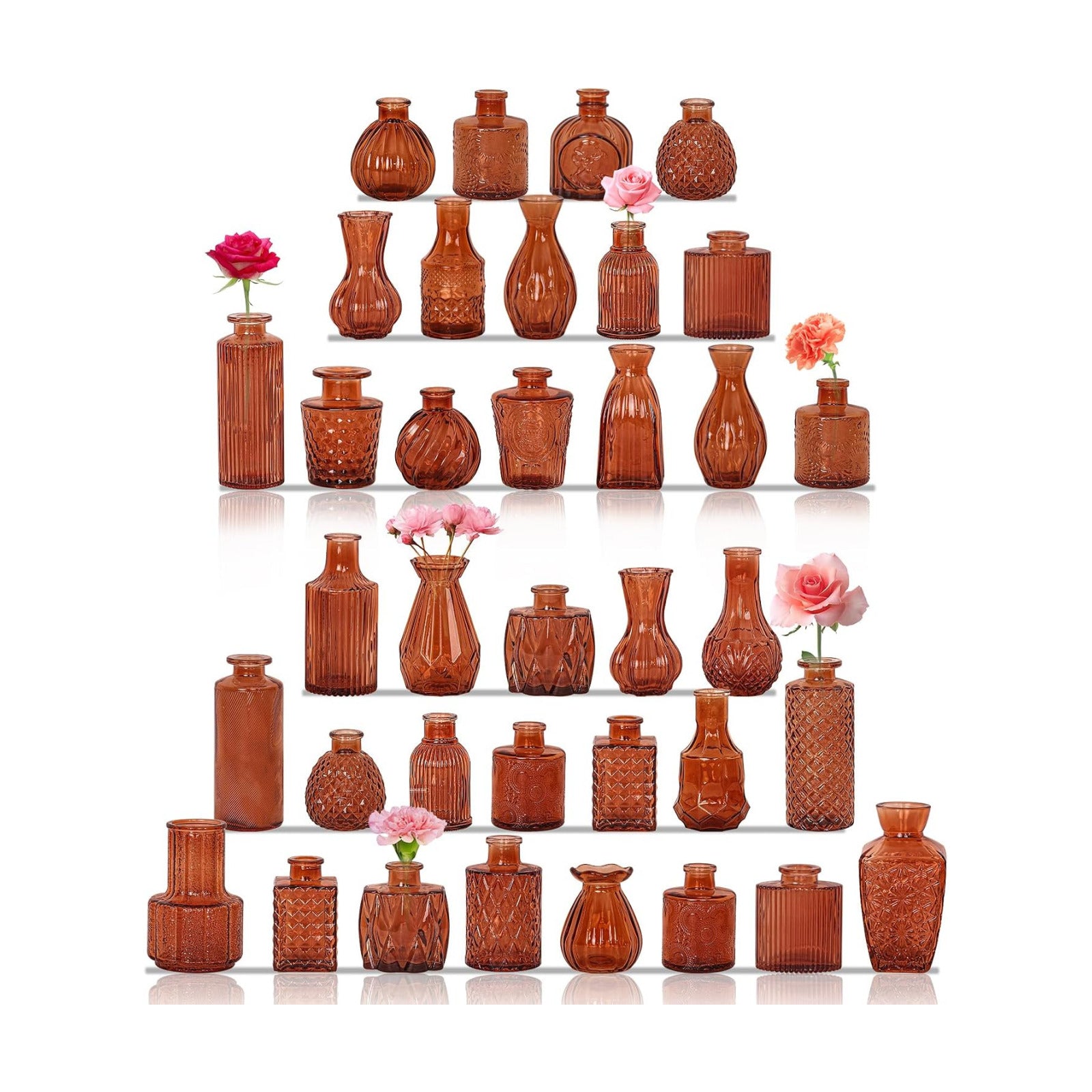 Bud Vases Set Small Vintage Glass Bottles Bud Vases in Bulk Multiple Shape / Dark Amber / Set of 36