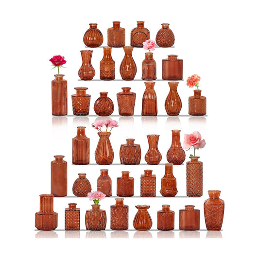 Bud Vases Set Small Vintage Glass Bottles Bud Vases in Bulk Multiple Shape / Dark Amber / Set of 36