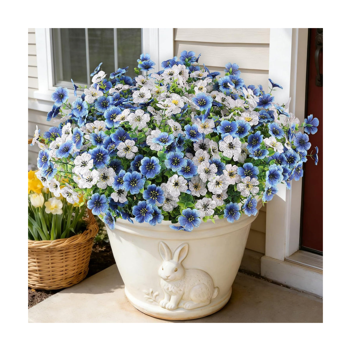 16PCS UV Resistant Artificial Flowers for Outdoors, White + Blue
